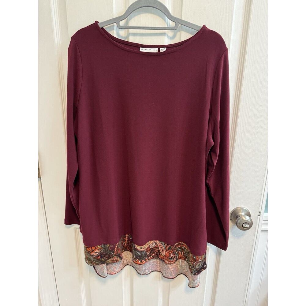 Susan Graver XL Tunic Burgundy Paisley Hem Long Sleeve Preowned